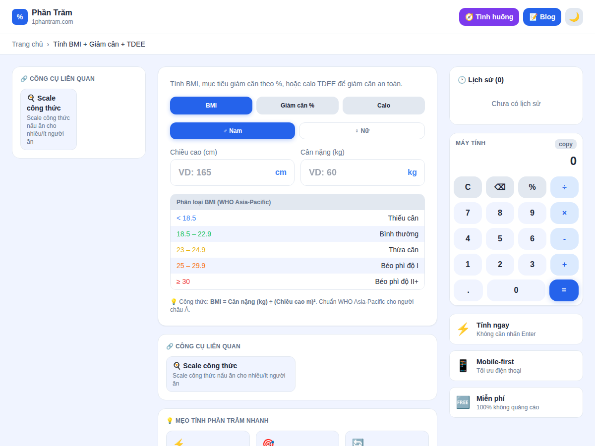 Giao diện công cụ tool tính phần trăm mỡ cơ thể trên 1phantram.com